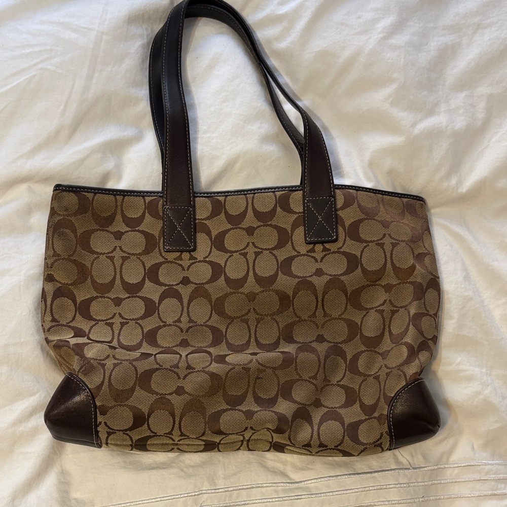 Coach Brown Signature Canvas Tote with Dark Brown Leather Trim